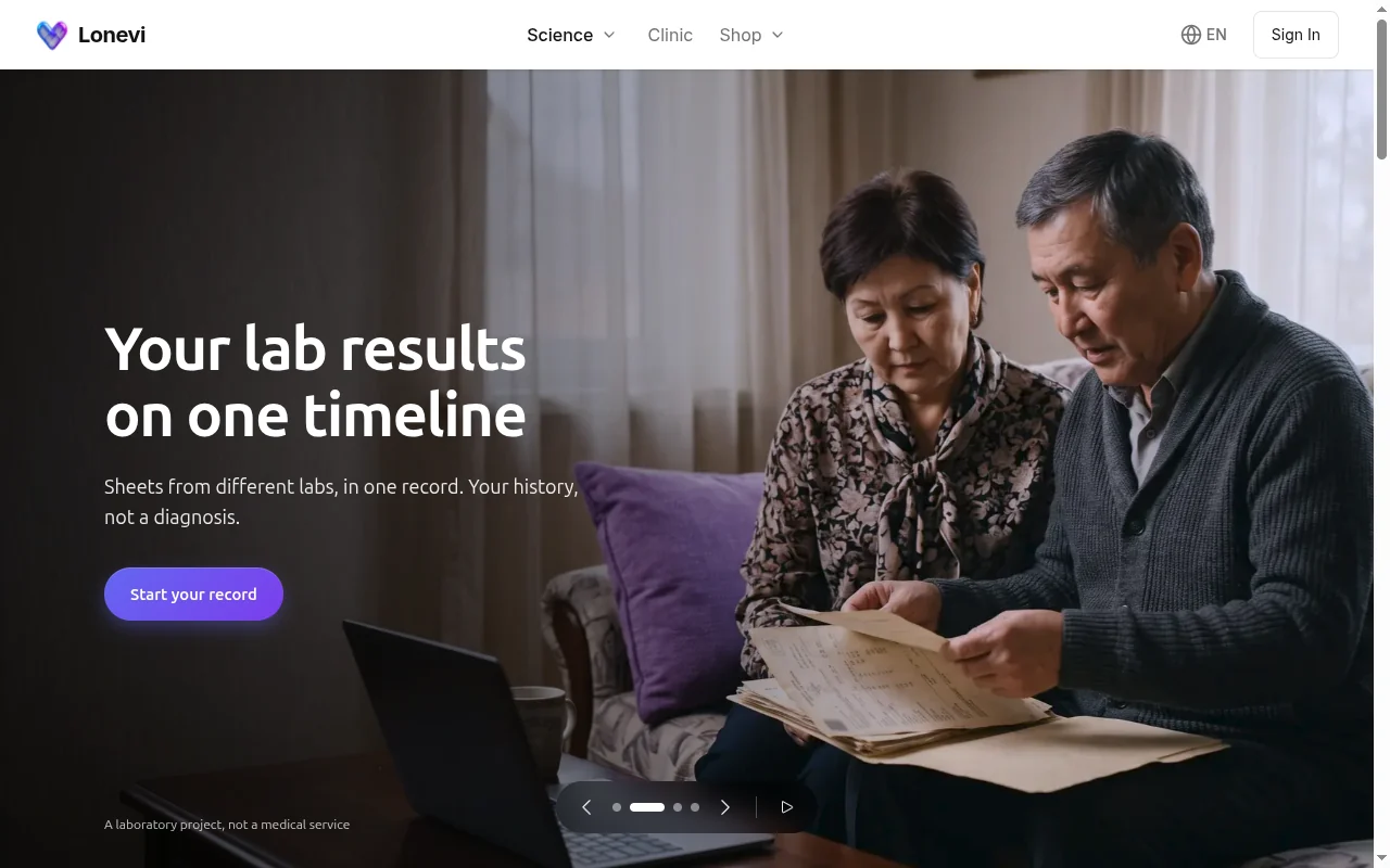 The first screen of the new Lonevi home page: the slide «Your lab results on one timeline», an older woman and man going through paper lab reports, and the Start your record button