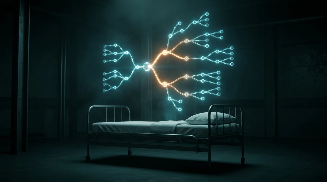 A glowing branching graph of decisions above an empty hospital bed in a dark ward; one path shines brighter than the rest