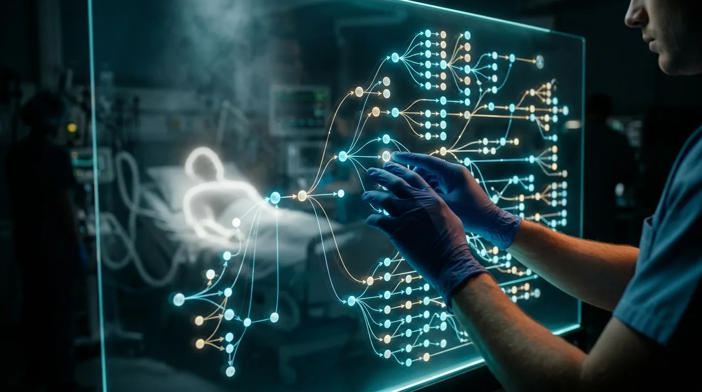 A student's gloved hands in front of a transparent panel showing a branching chart of clinical decisions, with the silhouette of a virtual patient in the background
